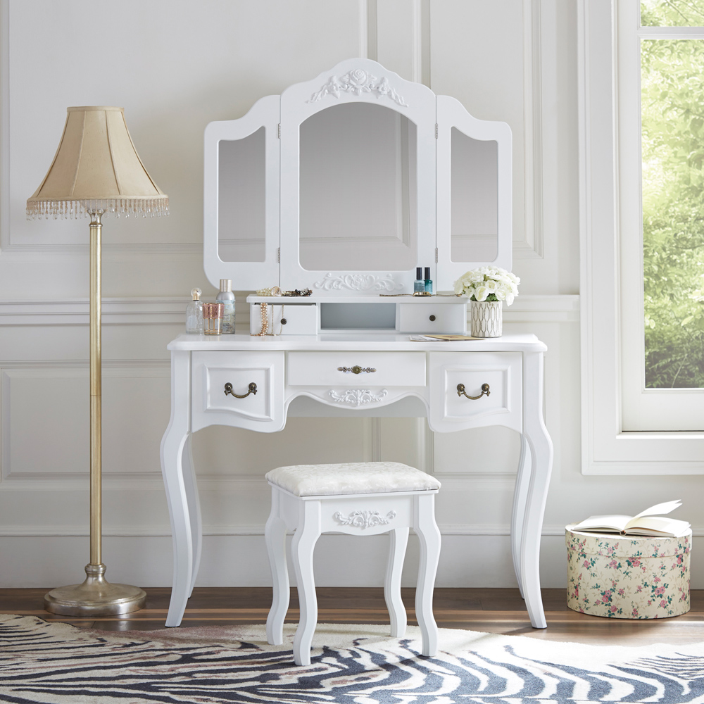 Details About White Tri Folding Mirror Vanity Set 5 Drawers Dressing Table Makeup Desk Stool