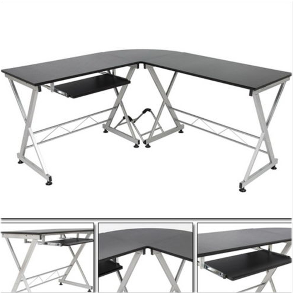 Wooden Corner LShaped Computer Desk with Keyboard Tray Black eBay