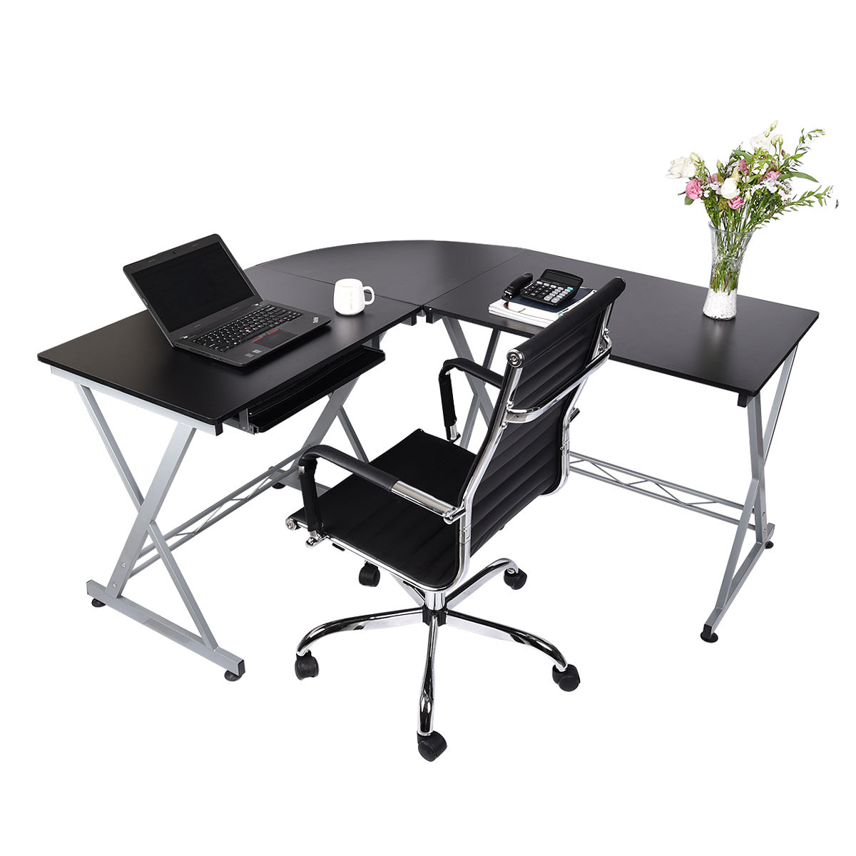 Wooden Corner LShaped Computer Desk with Keyboard Tray Black eBay