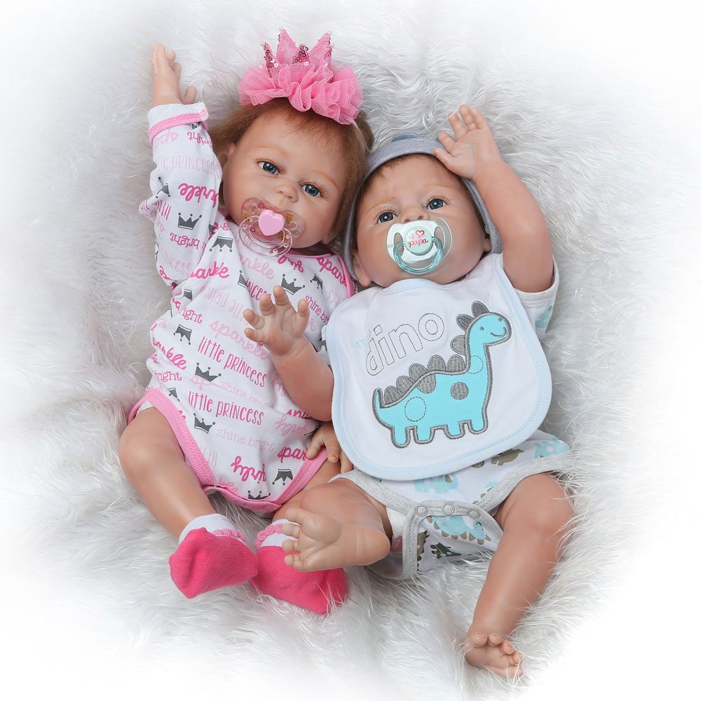 2 Pcs Reborn Twins Dolls 20" Boy Girl Full Body Silicone Reborn Baby